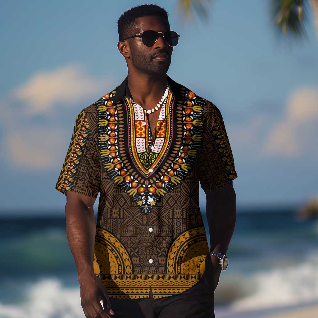 Gold Dashiki and Tapa Pattern Hawaiian Shirt Africa-Polynesia Together Culture