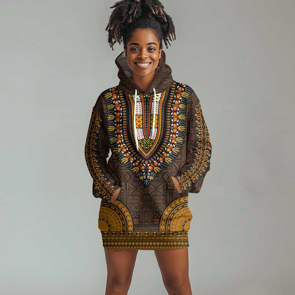 Gold Dashiki and Tapa Pattern Hoodie Dress Africa-Polynesia Together Culture