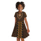 Gold Dashiki and Tapa Pattern Kid Short Sleeve Dress Africa-Polynesia Together Culture