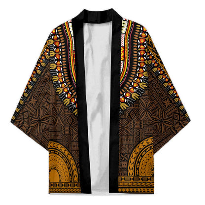 Gold Dashiki and Tapa Pattern Kimono Africa-Polynesia Together Culture