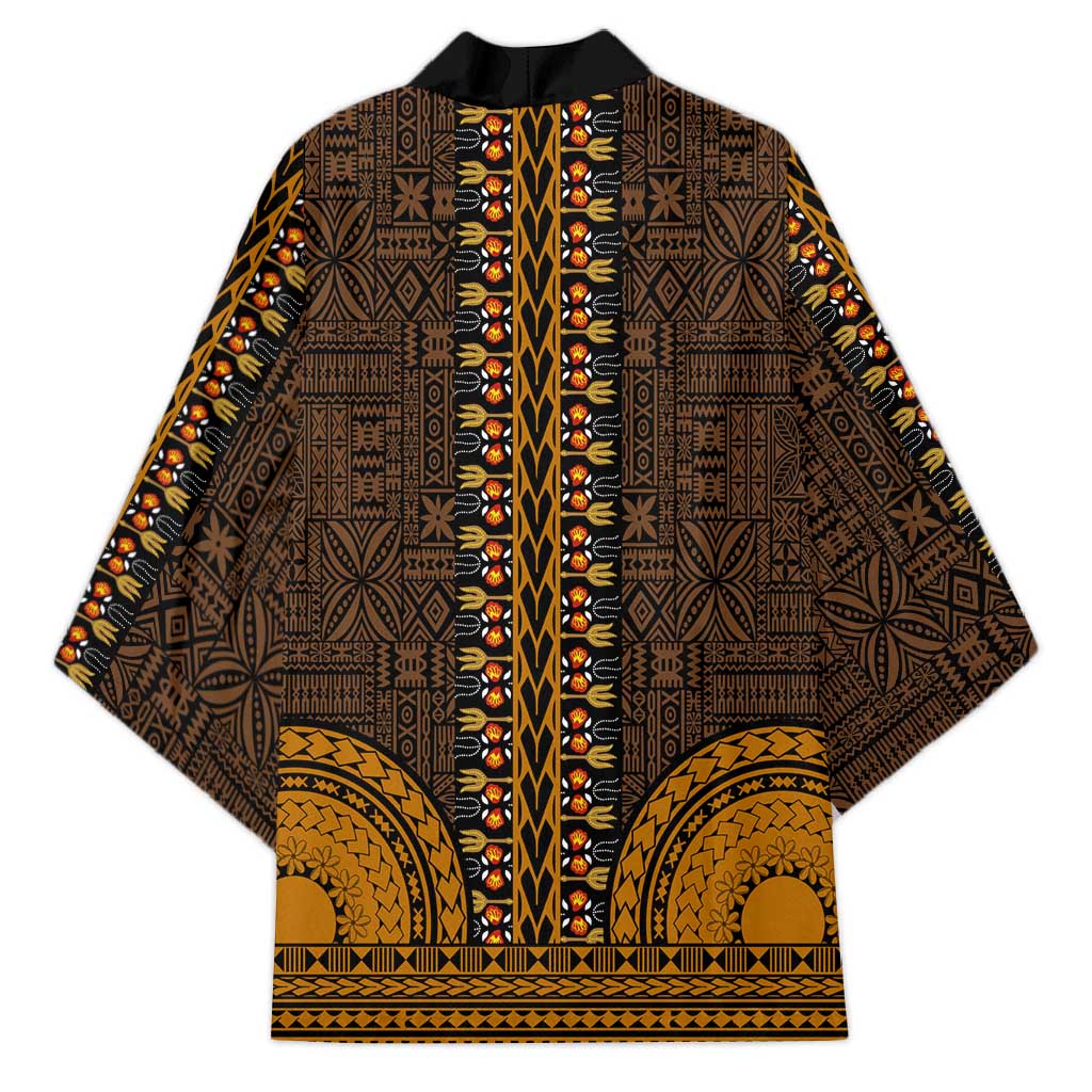 Gold Dashiki and Tapa Pattern Kimono Africa-Polynesia Together Culture