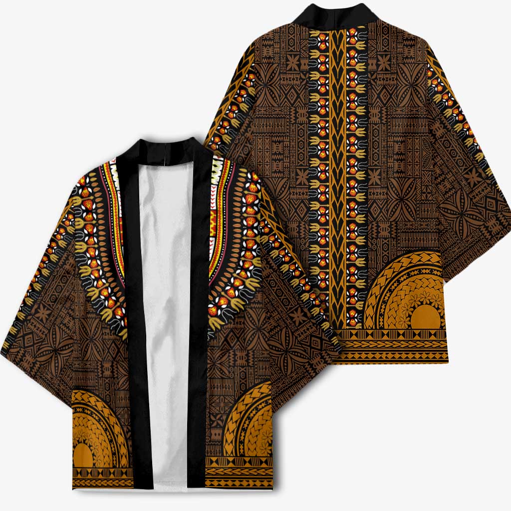 Gold Dashiki and Tapa Pattern Kimono Africa-Polynesia Together Culture
