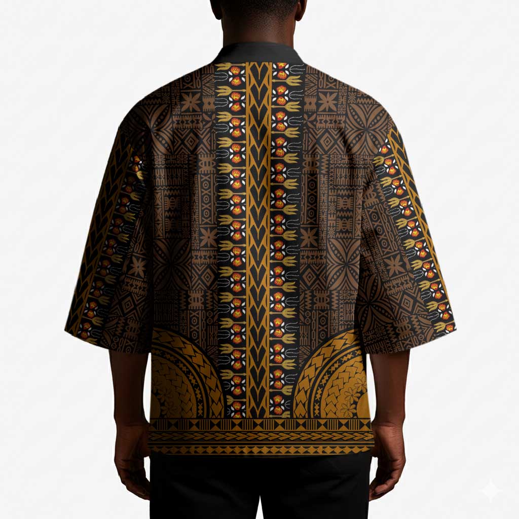 Gold Dashiki and Tapa Pattern Kimono Africa-Polynesia Together Culture