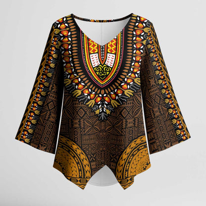 Gold Dashiki and Tapa Pattern Kimono Sleeve Blouse Africa-Polynesia Together Culture