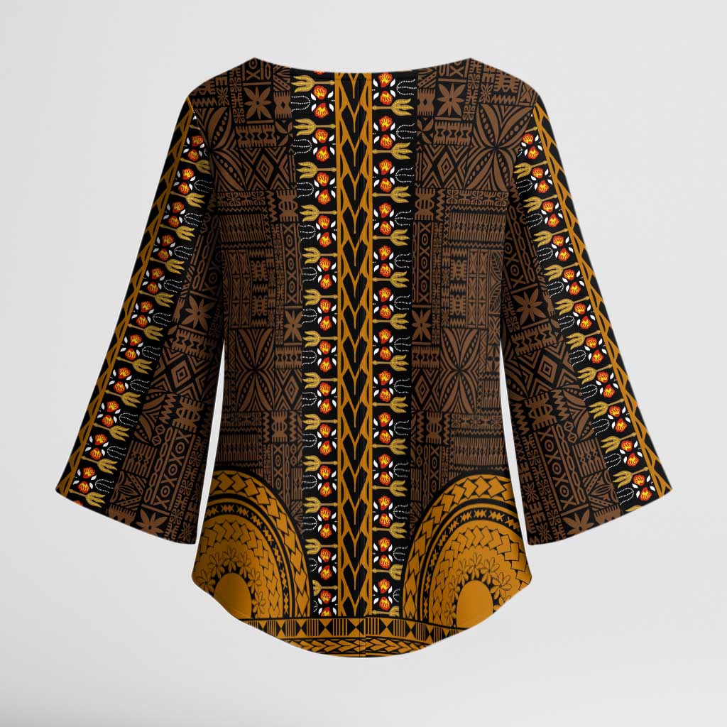 Gold Dashiki and Tapa Pattern Kimono Sleeve Blouse Africa-Polynesia Together Culture