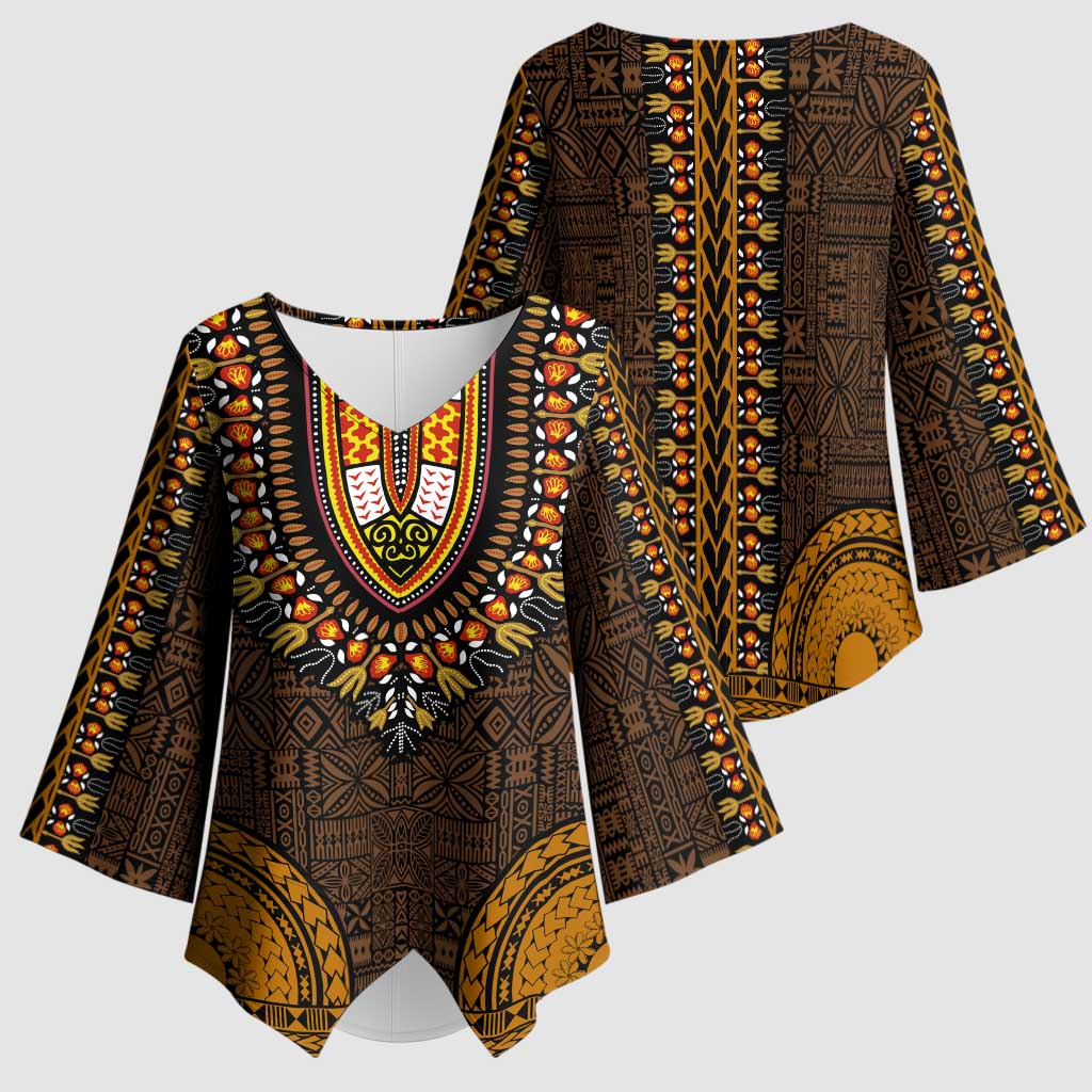 Gold Dashiki and Tapa Pattern Kimono Sleeve Blouse Africa-Polynesia Together Culture