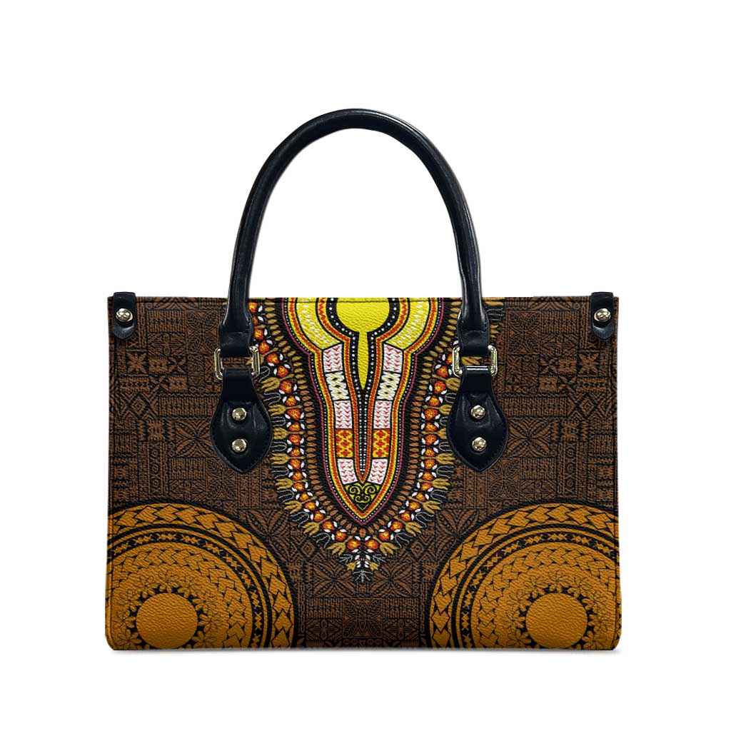 Gold Dashiki and Tapa Pattern Leather Bag Africa-Polynesia Together Culture