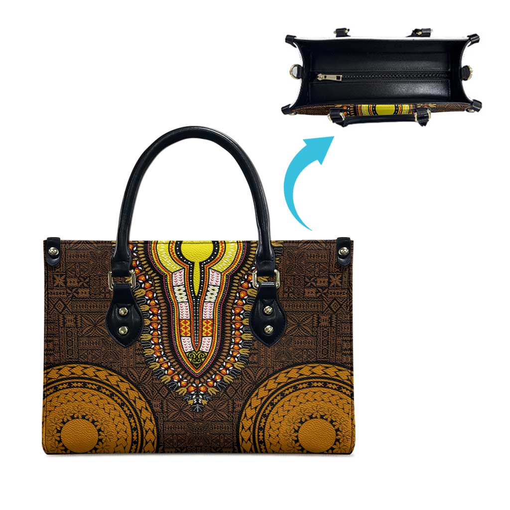Gold Dashiki and Tapa Pattern Leather Bag Africa-Polynesia Together Culture