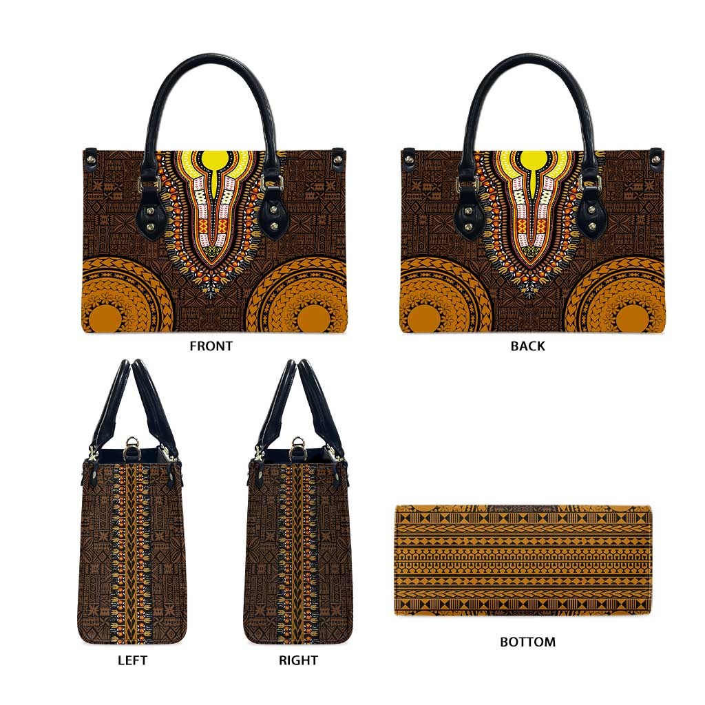 Gold Dashiki and Tapa Pattern Leather Bag Africa-Polynesia Together Culture
