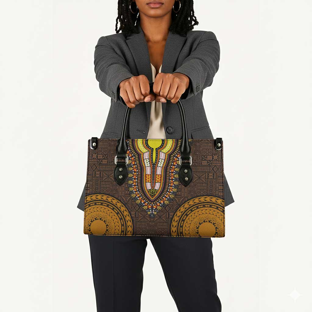 Gold Dashiki and Tapa Pattern Leather Bag Africa-Polynesia Together Culture