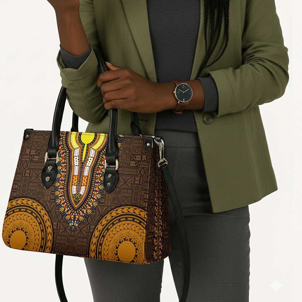 Gold Dashiki and Tapa Pattern Leather Bag Africa-Polynesia Together Culture