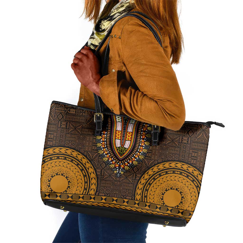 Gold Dashiki and Tapa Pattern Leather Tote Bag Africa-Polynesia Together Culture