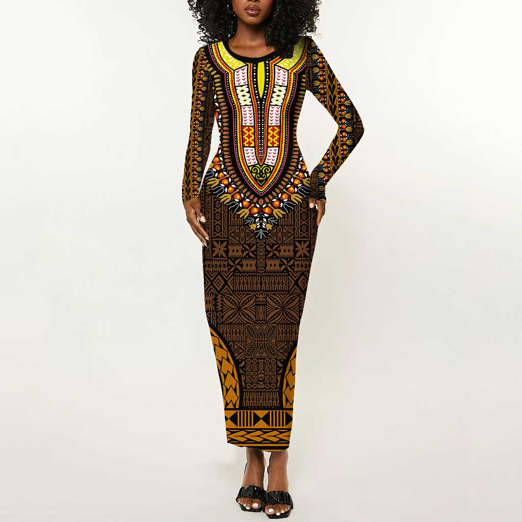 Gold Dashiki and Tapa Pattern Long Sleeve Bodycon Dress Africa-Polynesia Together Culture LT9