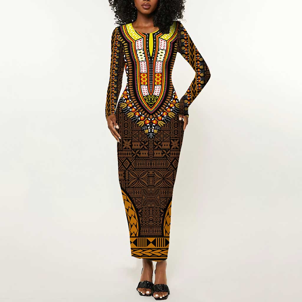 Gold Dashiki and Tapa Pattern Long Sleeve Bodycon Dress Africa-Polynesia Together Culture