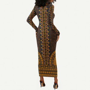Gold Dashiki and Tapa Pattern Long Sleeve Bodycon Dress Africa-Polynesia Together Culture LT9