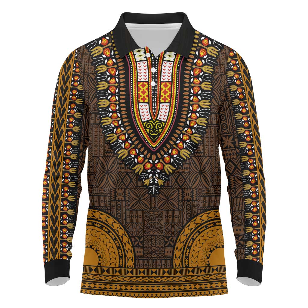 Gold Dashiki and Tapa Pattern Long Sleeve Polo Shirt Africa-Polynesia Together Culture