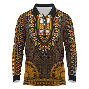 Gold Dashiki and Tapa Pattern Long Sleeve Polo Shirt Africa-Polynesia Together Culture