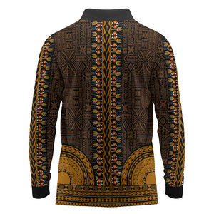 Gold Dashiki and Tapa Pattern Long Sleeve Polo Shirt Africa-Polynesia Together Culture