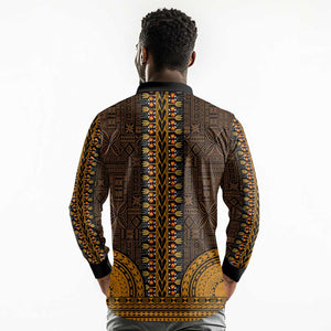 Gold Dashiki and Tapa Pattern Long Sleeve Polo Shirt Africa-Polynesia Together Culture