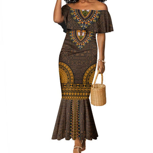 Gold Dashiki and Tapa Pattern Mermaid Dress Africa-Polynesia Together Culture