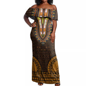 Gold Dashiki and Tapa Pattern Off Shoulder Maxi Dress Africa-Polynesia Together Culture