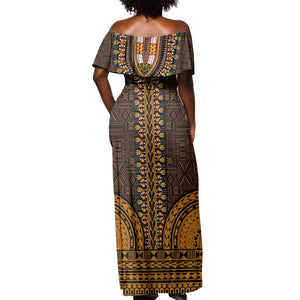 Gold Dashiki and Tapa Pattern Off Shoulder Maxi Dress Africa-Polynesia Together Culture