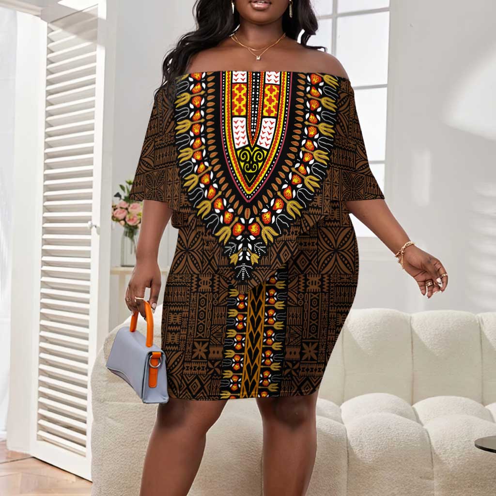 Gold Dashiki and Tapa Pattern Off Shoulder Short Dress Africa-Polynesia Together Culture