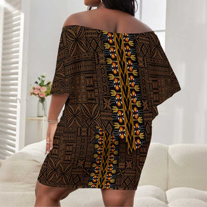 Gold Dashiki and Tapa Pattern Off Shoulder Short Dress Africa-Polynesia Together Culture