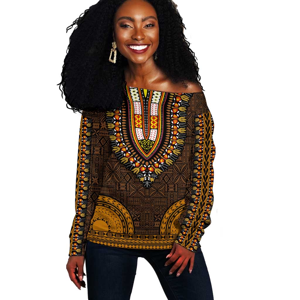 Gold Dashiki and Tapa Pattern Off Shoulder Sweater Africa-Polynesia Together Culture