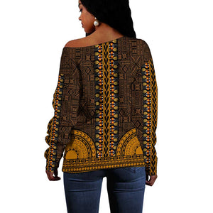 Gold Dashiki and Tapa Pattern Off Shoulder Sweater Africa-Polynesia Together Culture