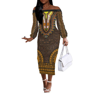 Gold Dashiki and Tapa Pattern Off The Shoulder Long Sleeve Dress Africa-Polynesia Together Culture