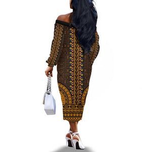 Gold Dashiki and Tapa Pattern Off The Shoulder Long Sleeve Dress Africa-Polynesia Together Culture