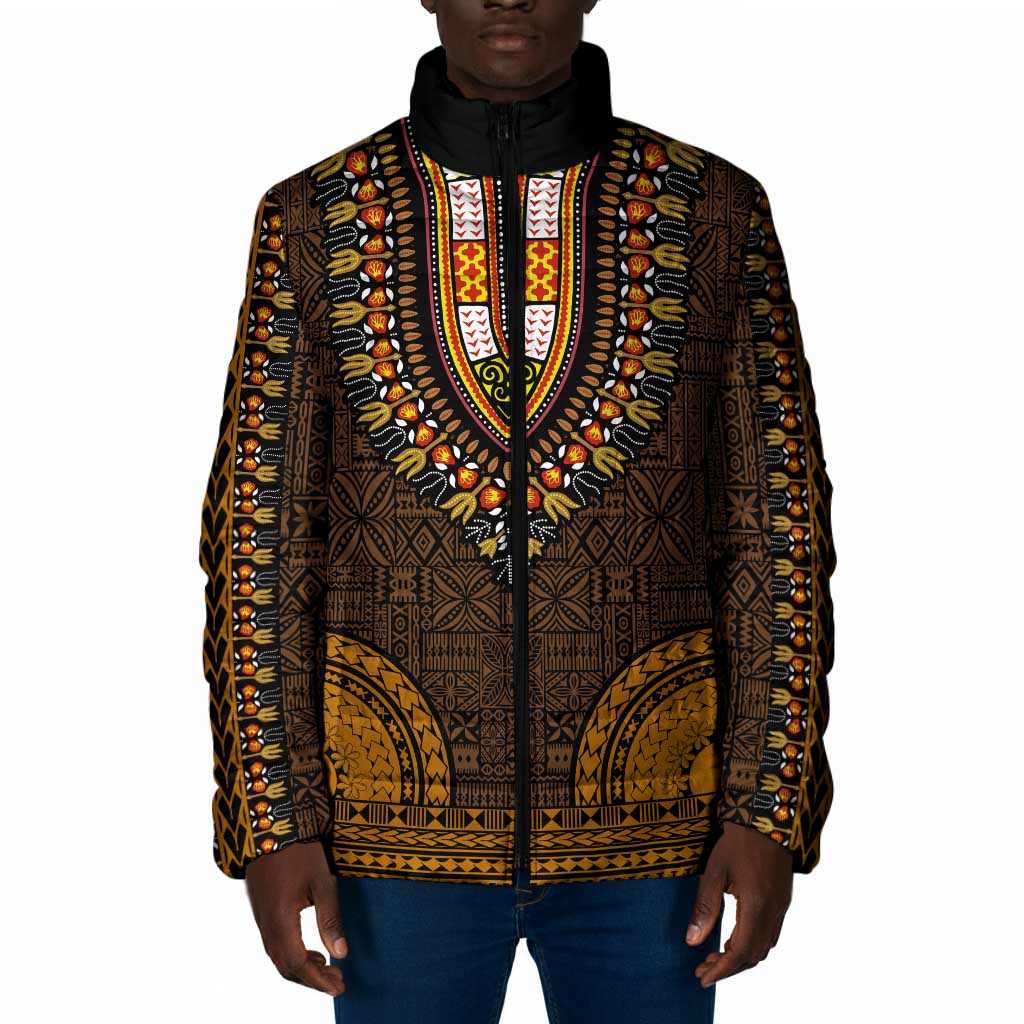 Gold Dashiki and Tapa Pattern Padded Jacket Africa-Polynesia Together Culture