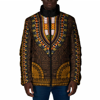 Gold Dashiki and Tapa Pattern Padded Jacket Africa-Polynesia Together Culture