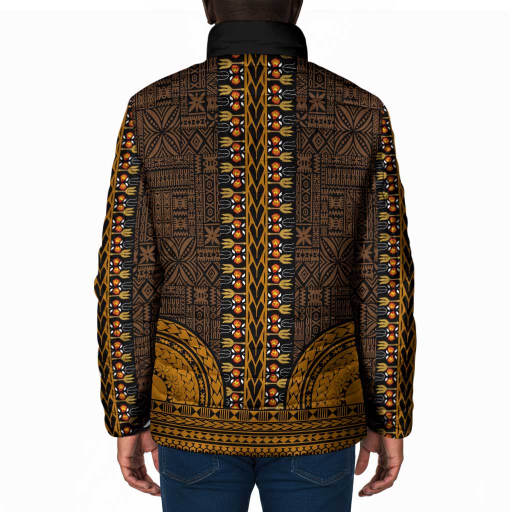 Gold Dashiki and Tapa Pattern Padded Jacket Africa-Polynesia Together Culture