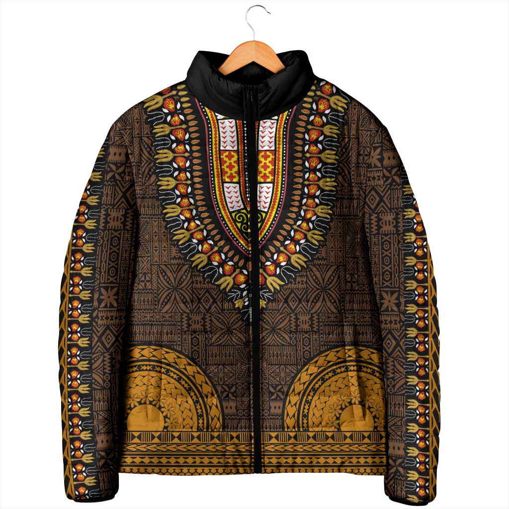 Gold Dashiki and Tapa Pattern Padded Jacket Africa-Polynesia Together Culture