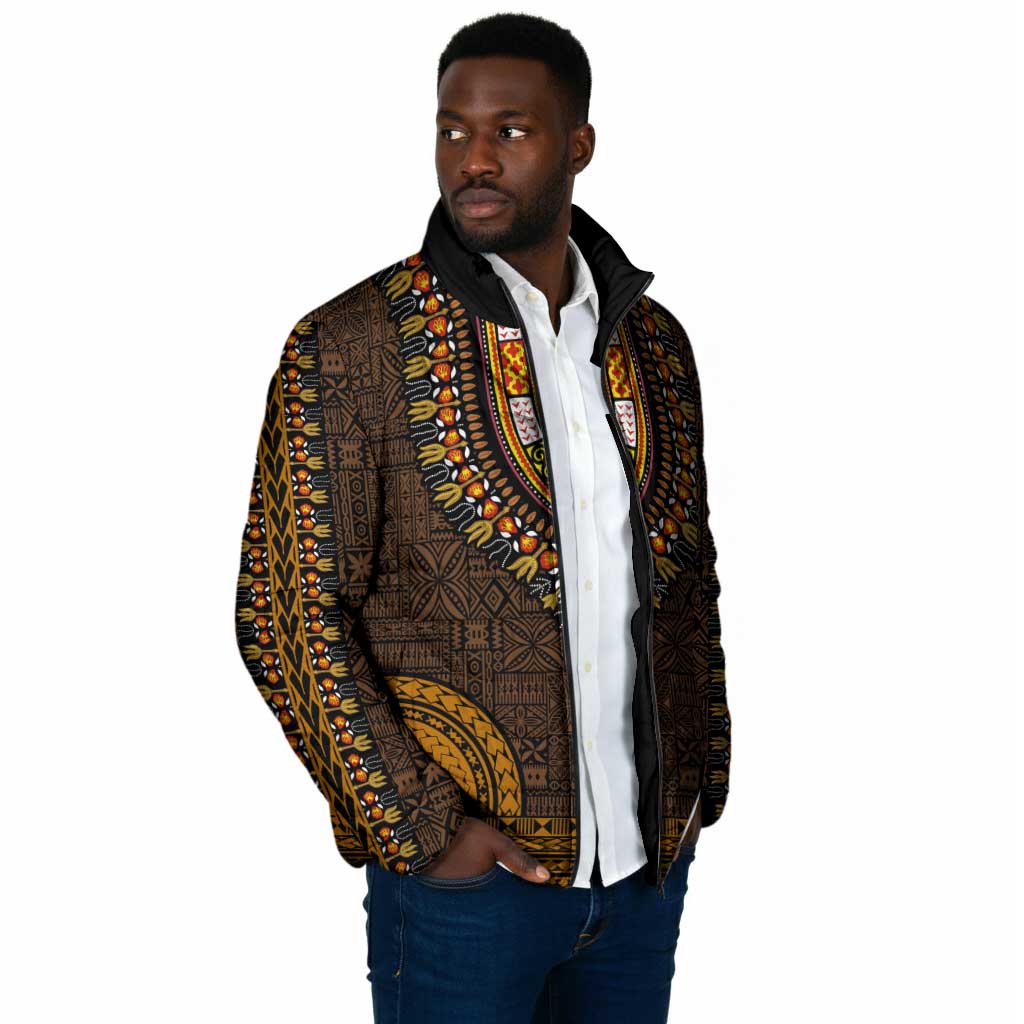 Gold Dashiki and Tapa Pattern Padded Jacket Africa-Polynesia Together Culture