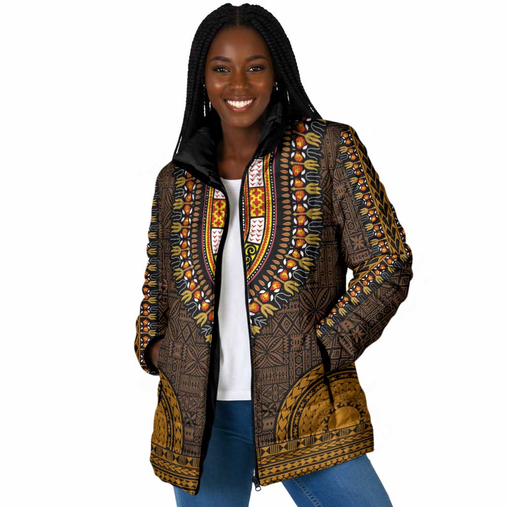Gold Dashiki and Tapa Pattern Padded Jacket Africa-Polynesia Together Culture