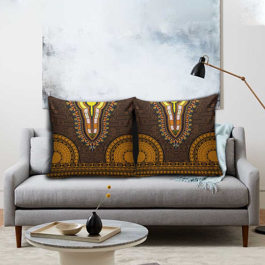 Gold Dashiki and Tapa Pattern Pillow Cover Africa-Polynesia Together Culture