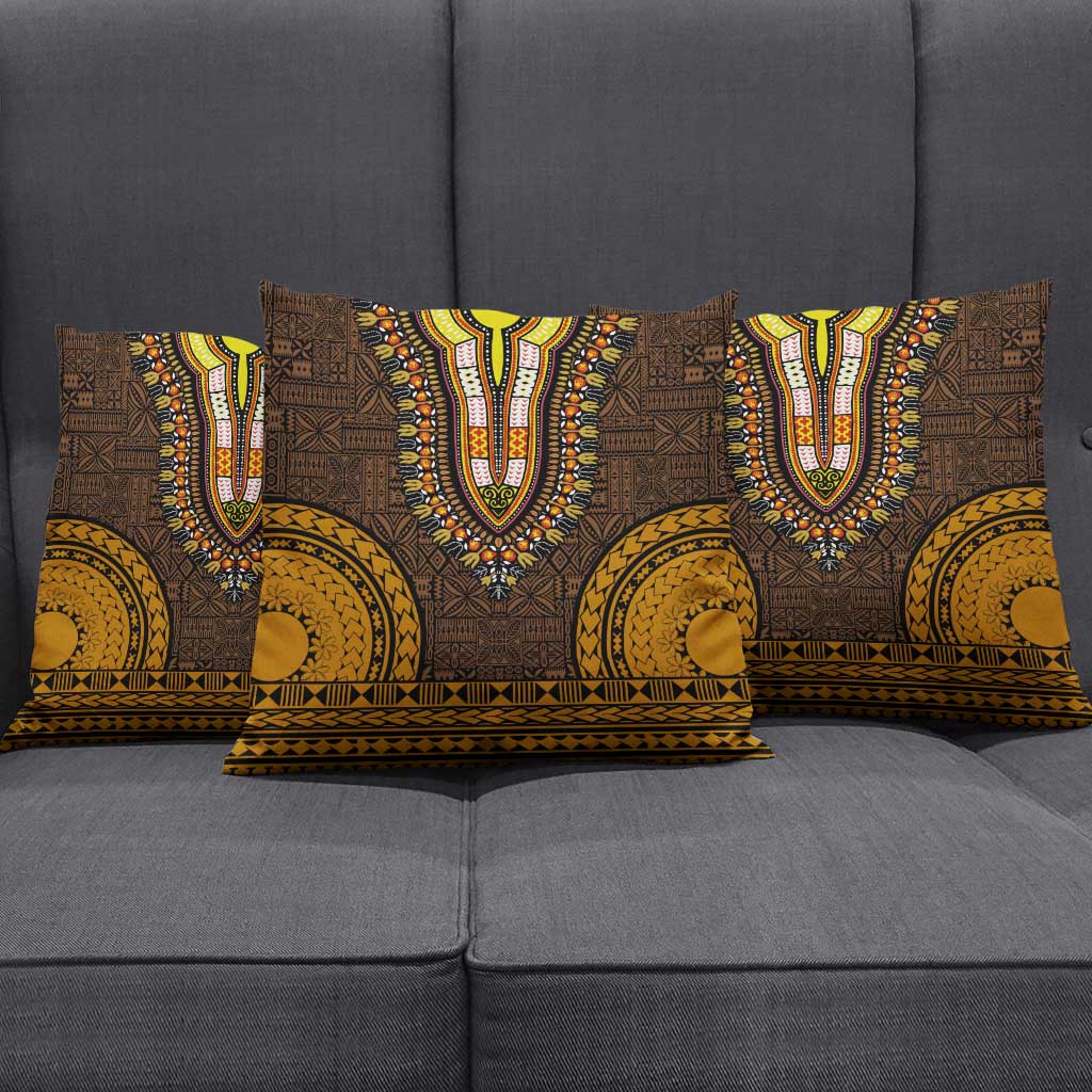 Gold Dashiki and Tapa Pattern Pillow Cover Africa-Polynesia Together Culture