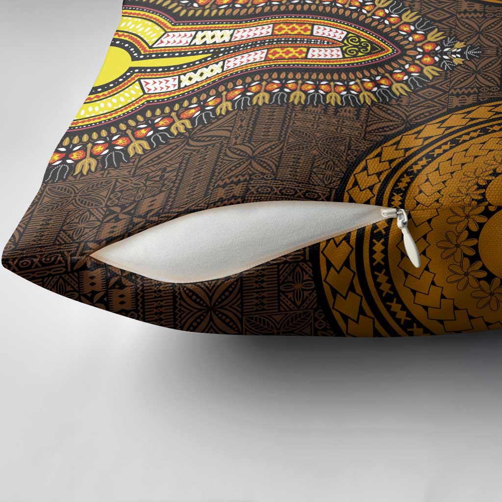 Gold Dashiki and Tapa Pattern Pillow Cover Africa-Polynesia Together Culture