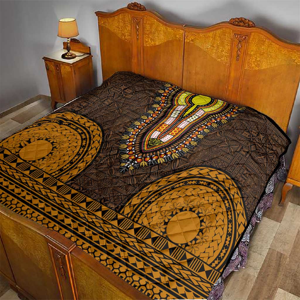 Gold Dashiki and Tapa Pattern Quilt Africa-Polynesia Together Culture