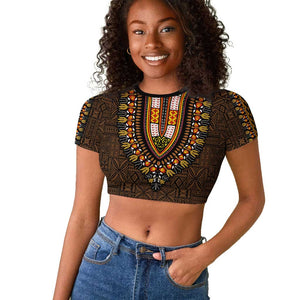 Gold Dashiki and Tapa Pattern Raglan Cropped T shirt Africa-Polynesia Together Culture