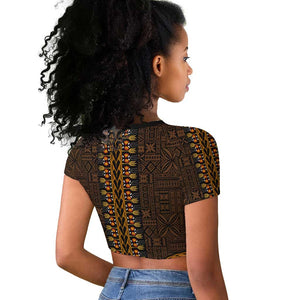 Gold Dashiki and Tapa Pattern Raglan Cropped T shirt Africa-Polynesia Together Culture