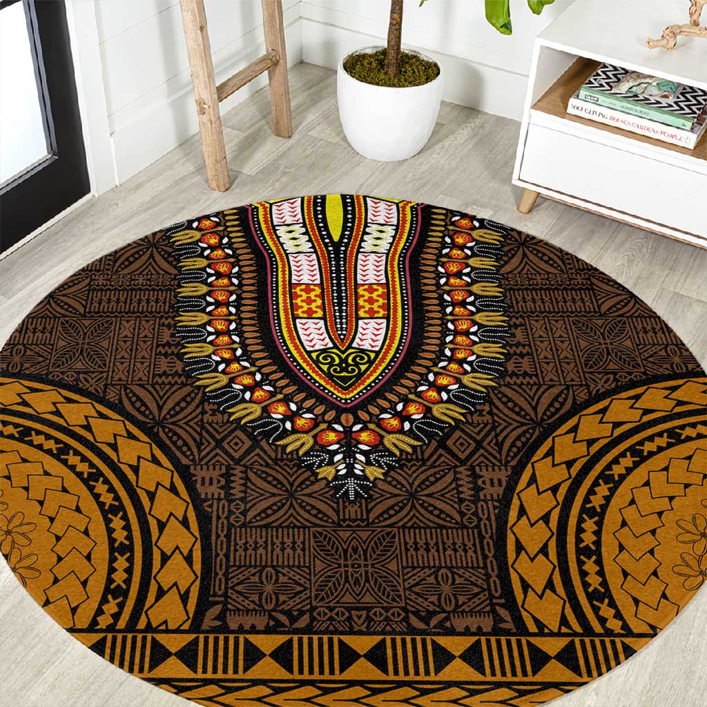 Gold Dashiki and Tapa Pattern Round Carpet Africa-Polynesia Together Culture