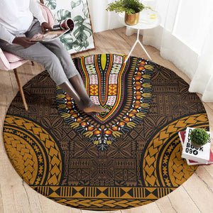 Gold Dashiki and Tapa Pattern Round Carpet Africa-Polynesia Together Culture