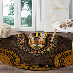 Gold Dashiki and Tapa Pattern Round Carpet Africa-Polynesia Together Culture