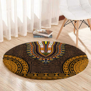 Gold Dashiki and Tapa Pattern Round Carpet Africa-Polynesia Together Culture