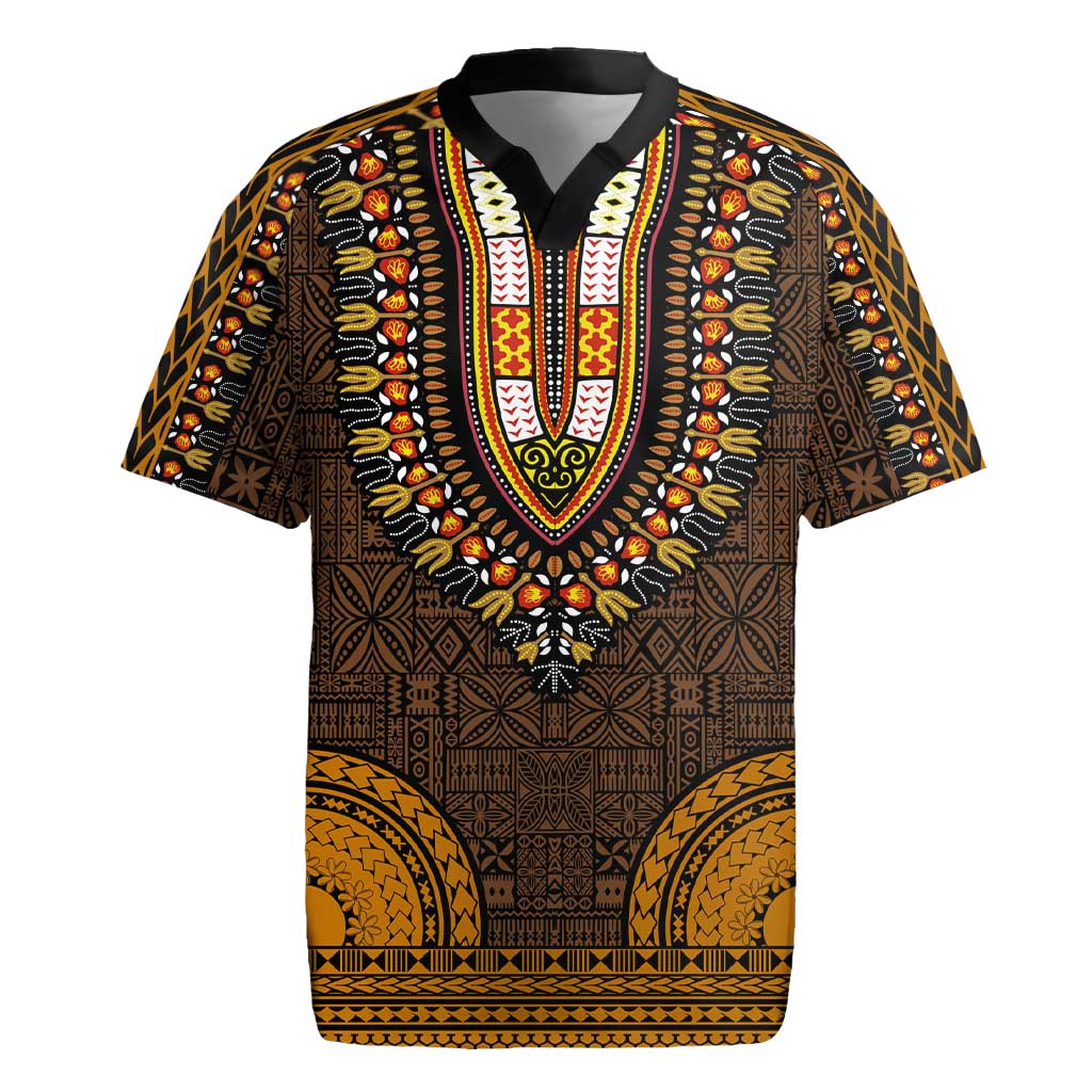 Gold Dashiki and Tapa Pattern Rugby Jersey Africa-Polynesia Together Culture