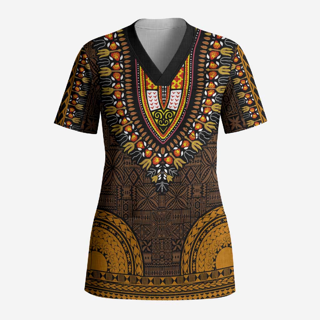 Gold Dashiki and Tapa Pattern Scrub Top Africa-Polynesia Together Culture